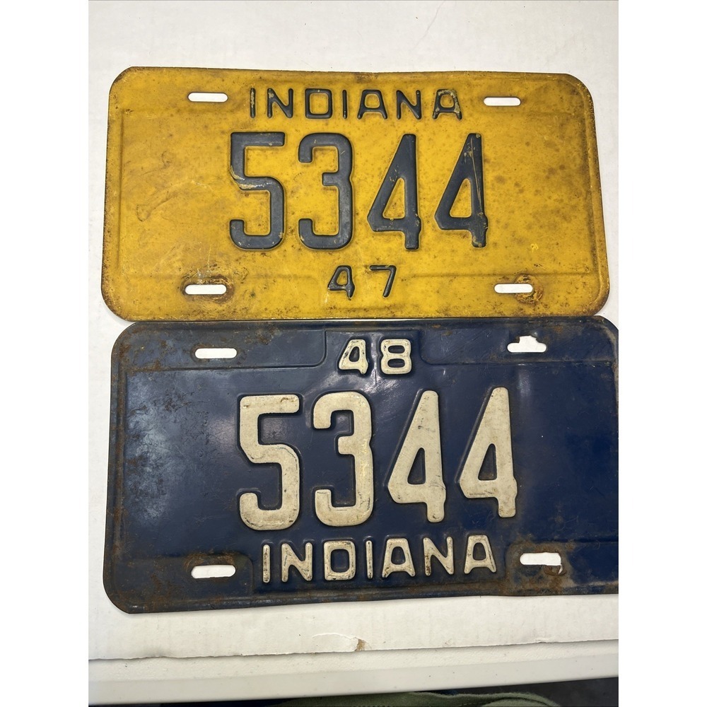 1947 & 1948 Indiana  License Four Digit Low Number  5344 Rare. Same Vehicle
